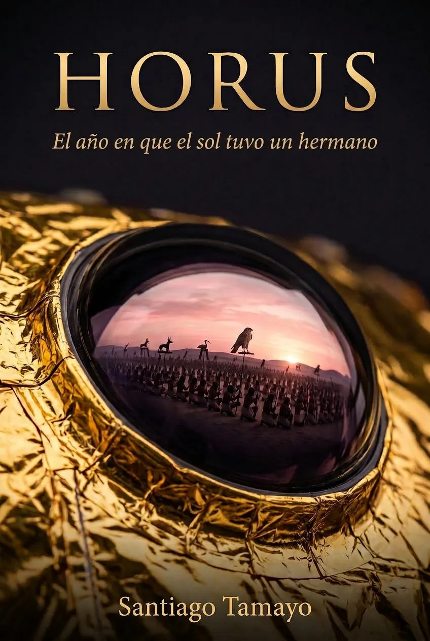 Cubierta de Horus, de Santiago Tamayo: una lente sobre lámina de oro refleja un ejército egipcio al atardecer